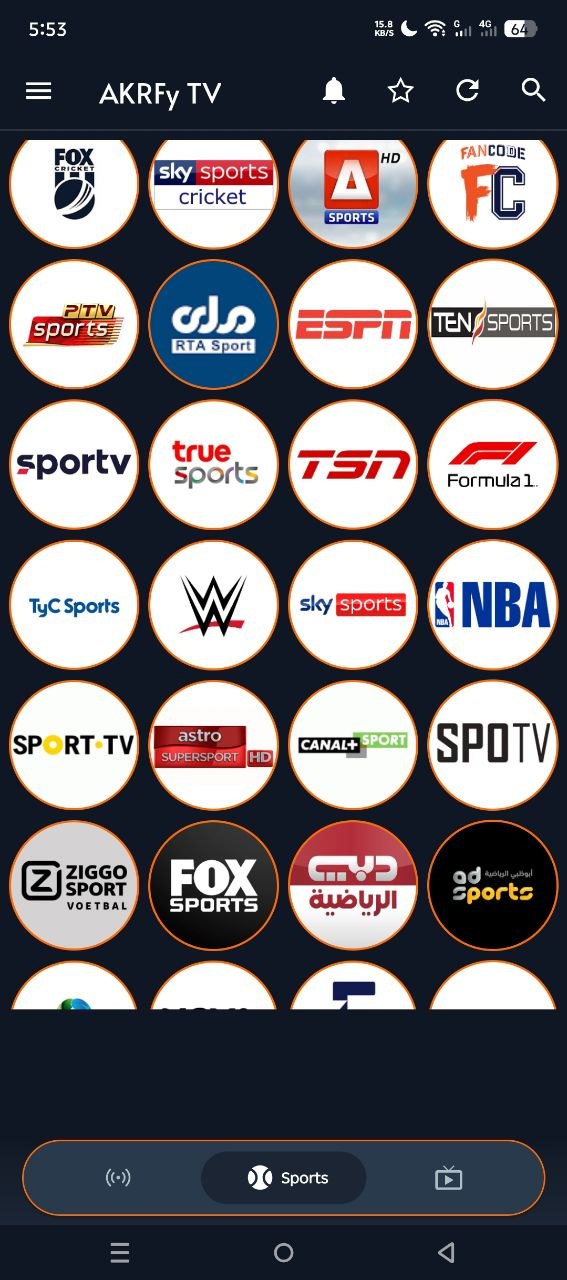 AKRFy TV sports channels with logos like Sky Sports, ESPN, TEN Sports, Formula 1, NBA and WWE